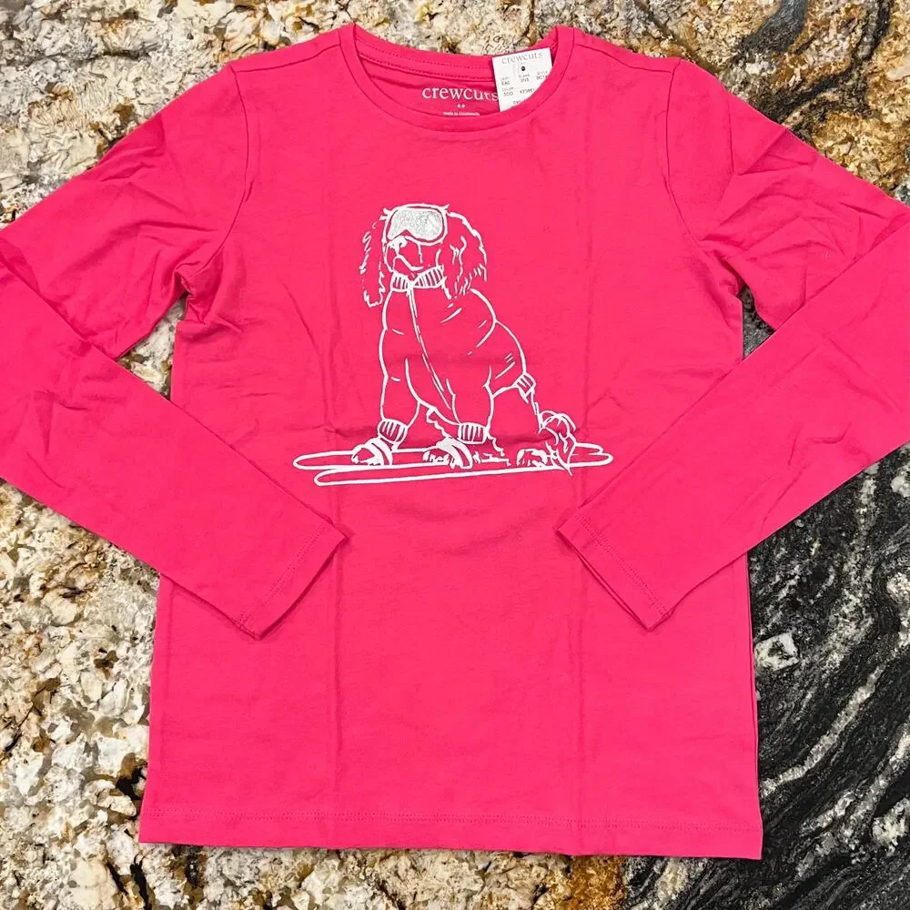 NWT J. Crew Girls' Fuchsia Pink Long-Sleeve Spaniel on Skis Graphic Tee -M (8-9)